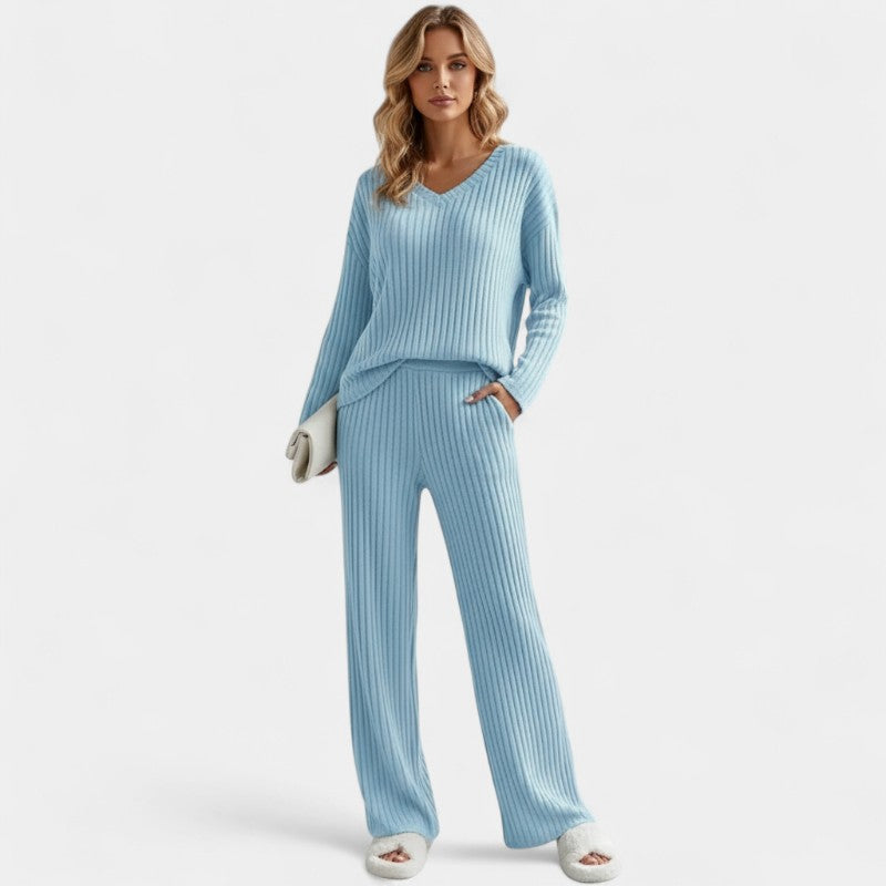 Women’s Ribbed Lounge Set – V Neck Long Sleeve Top and Wide Leg Trousers