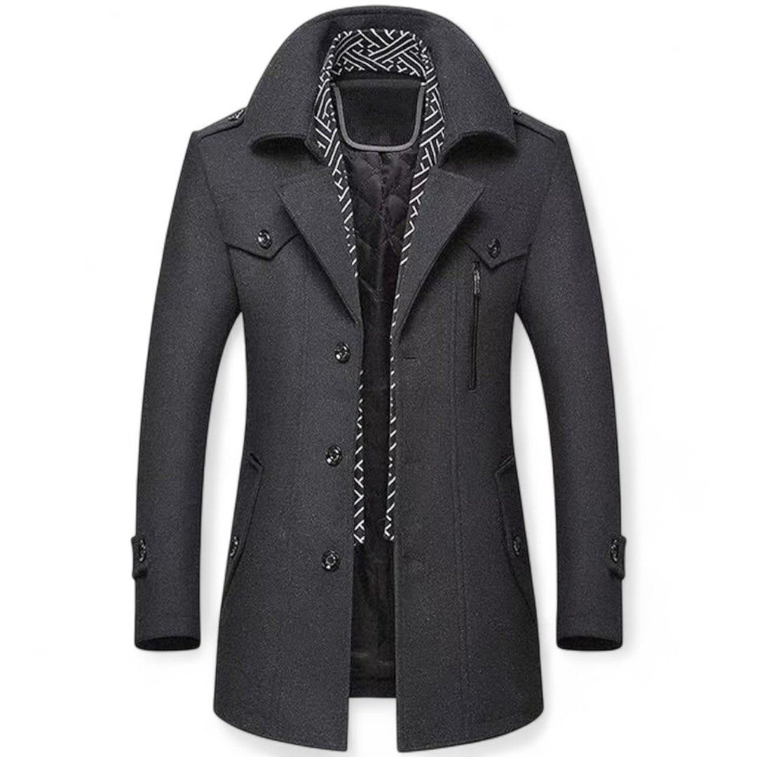 Men’s Overcoat – Button Front, Notch Collar, Long Sleeves