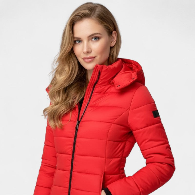Women’s Mid Length Puffer Coat – Hooded Design, Zip Front, Quilted Finish