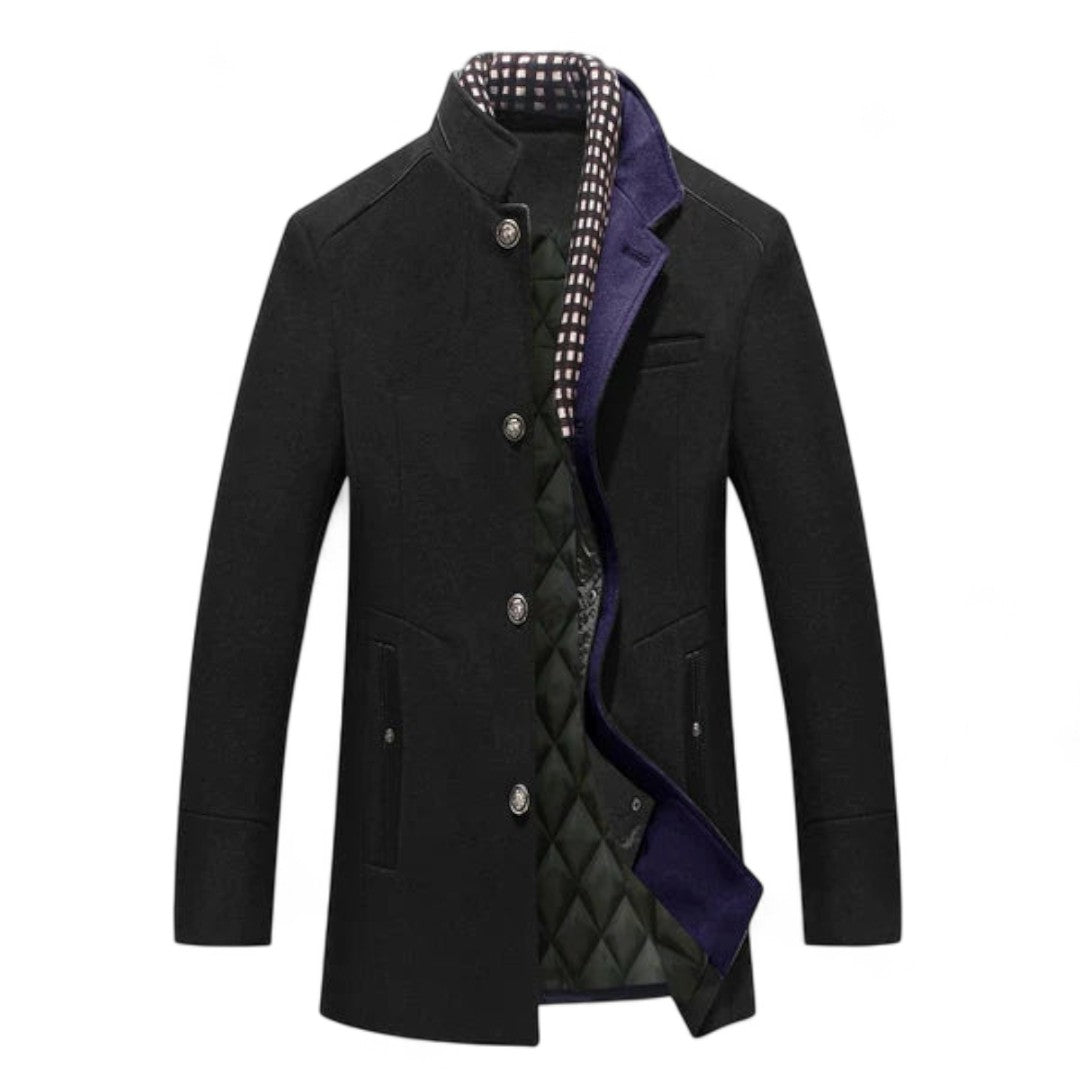 Men’s Button Front Coat – Stand Collar, Quilted Inner Lining, Long Sleeve Design