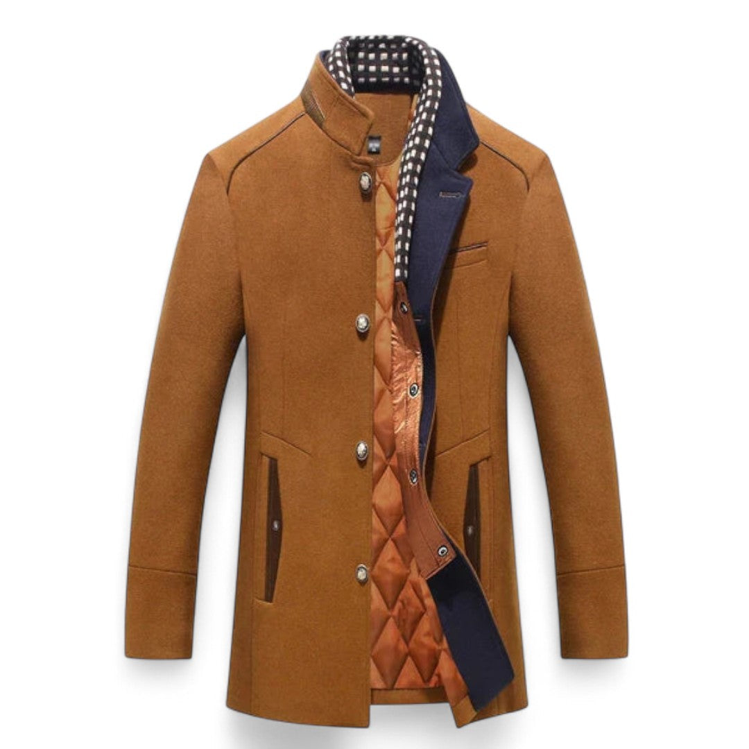 Men’s Button Front Coat – Stand Collar, Quilted Inner Lining, Long Sleeve Design