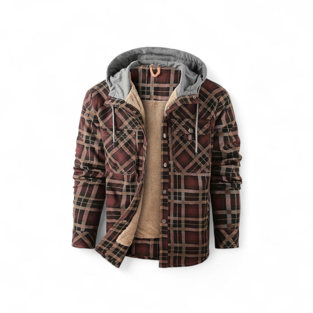Men’s Checked Hooded Jacket – Button Front, Long Sleeves, Lining, Chest Pockets
