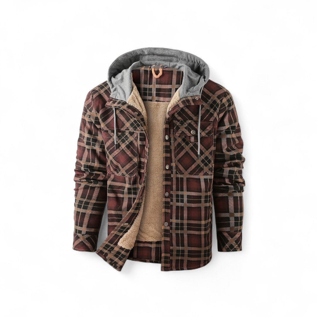 Men’s Checked Hooded Jacket – Button Front, Long Sleeves, Lining, Chest Pockets