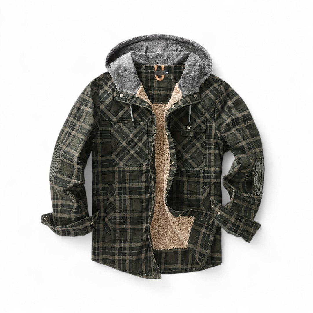 Men’s Checked Hooded Jacket – Button Front, Long Sleeves, Lining, Chest Pockets