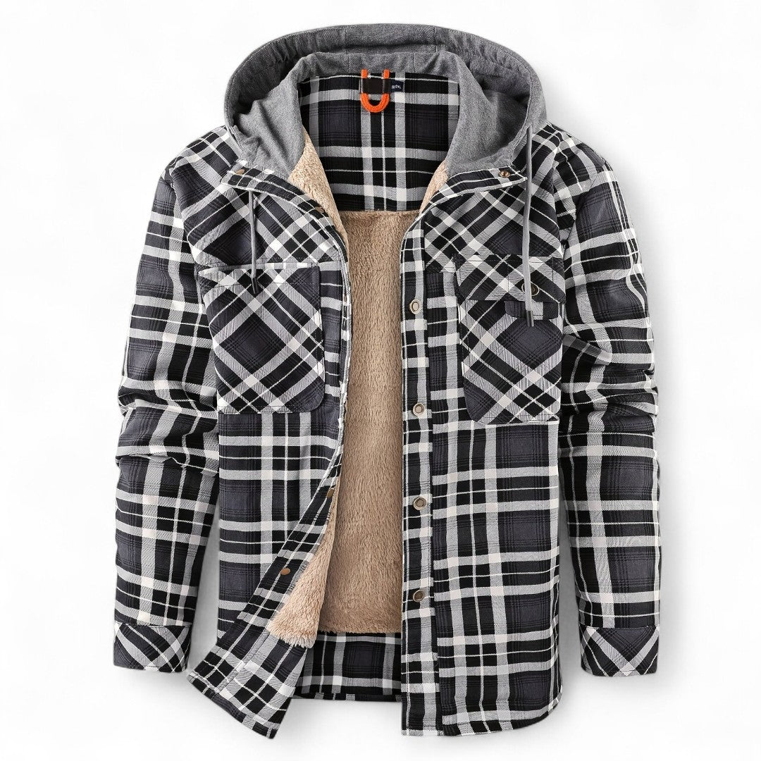 Men’s Checked Hooded Jacket – Button Front, Long Sleeves, Lining, Chest Pockets