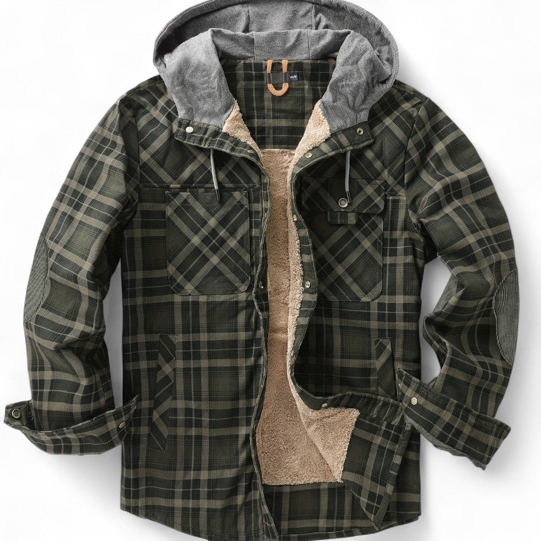 Men’s Checked Hooded Jacket – Button Front, Long Sleeves, Lining, Chest Pockets