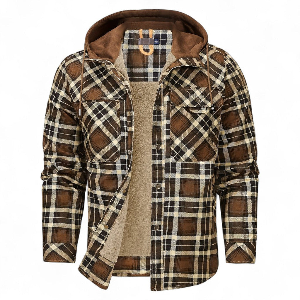Men’s Checked Hooded Jacket – Button Front, Long Sleeves, Lining, Chest Pockets