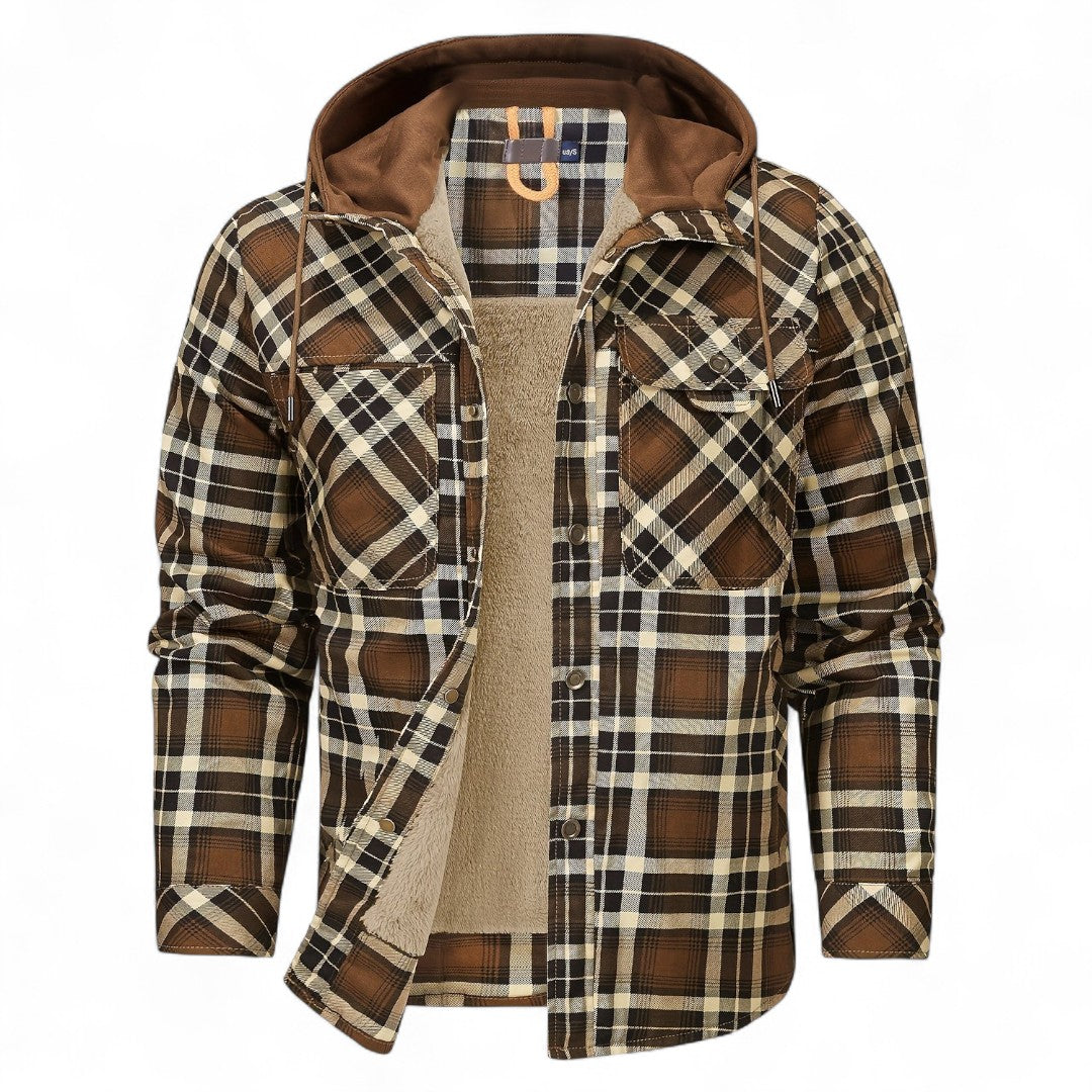 Men’s Checked Hooded Jacket – Button Front, Long Sleeves, Lining, Chest Pockets