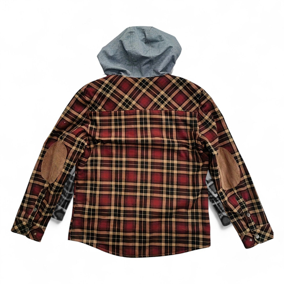 Men’s Checked Hooded Jacket – Button Front, Long Sleeves, Lining, Chest Pockets