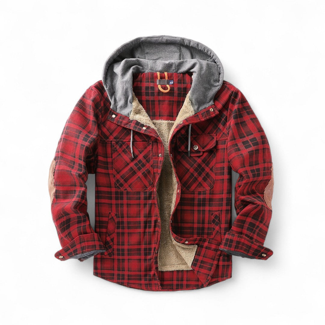 Men’s Checked Hooded Jacket – Button Front, Long Sleeves, Lining, Chest Pockets