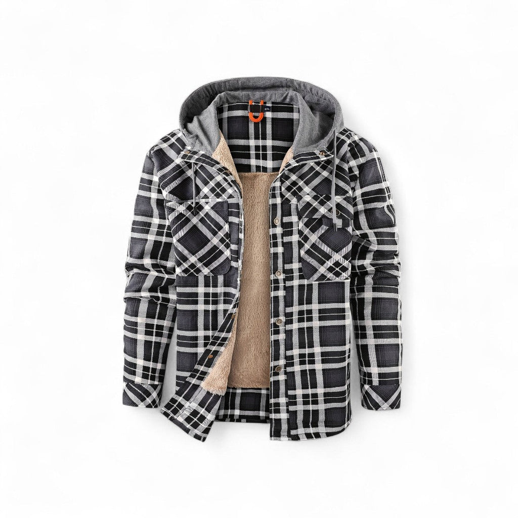 Men’s Checked Hooded Jacket – Button Front, Long Sleeves, Lining, Chest Pockets