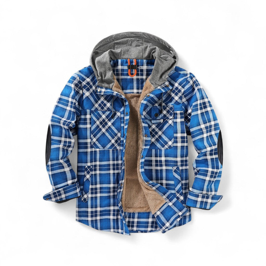 Men’s Checked Hooded Jacket – Button Front, Long Sleeves, Lining, Chest Pockets
