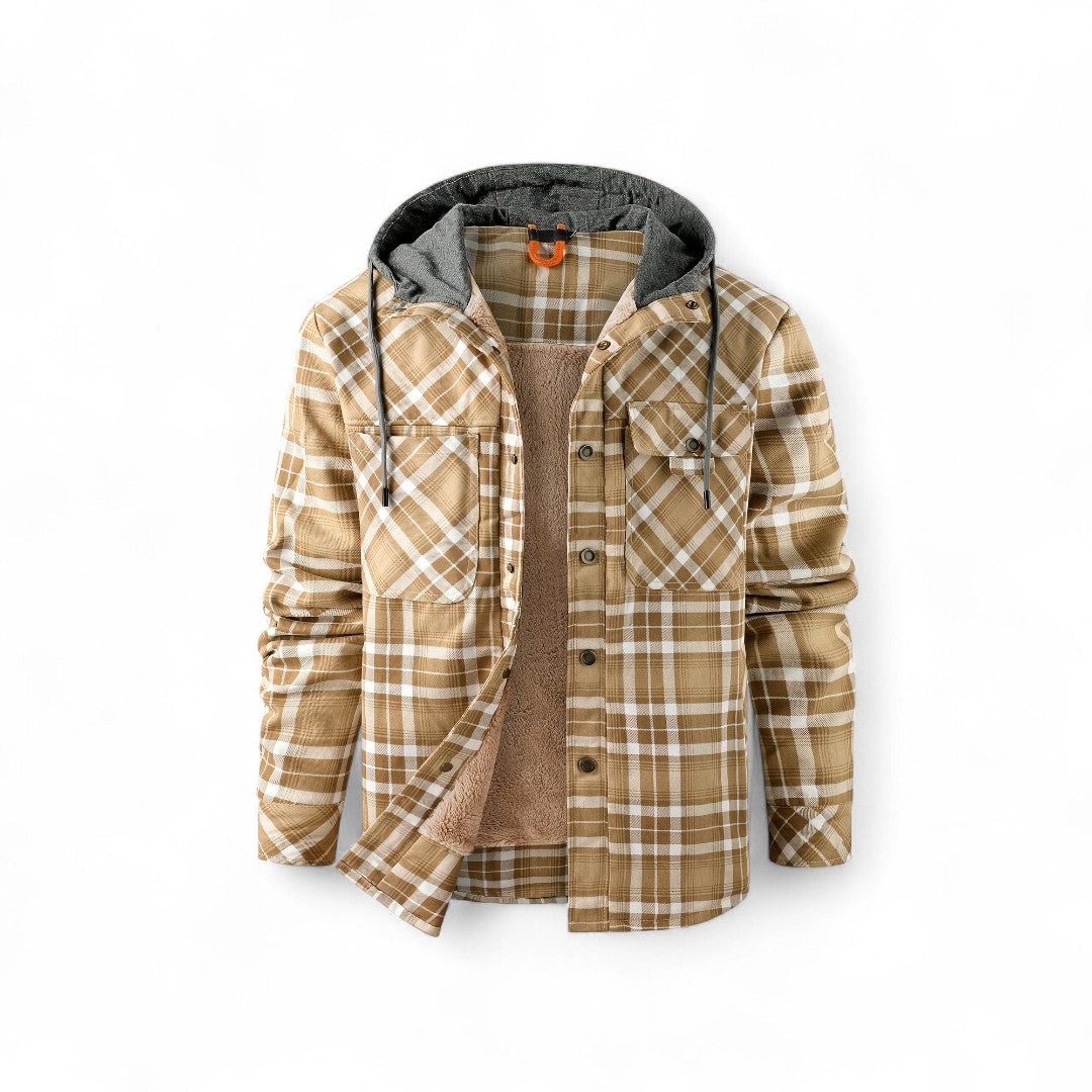 Men’s Checked Hooded Jacket – Button Front, Long Sleeves, Lining, Chest Pockets