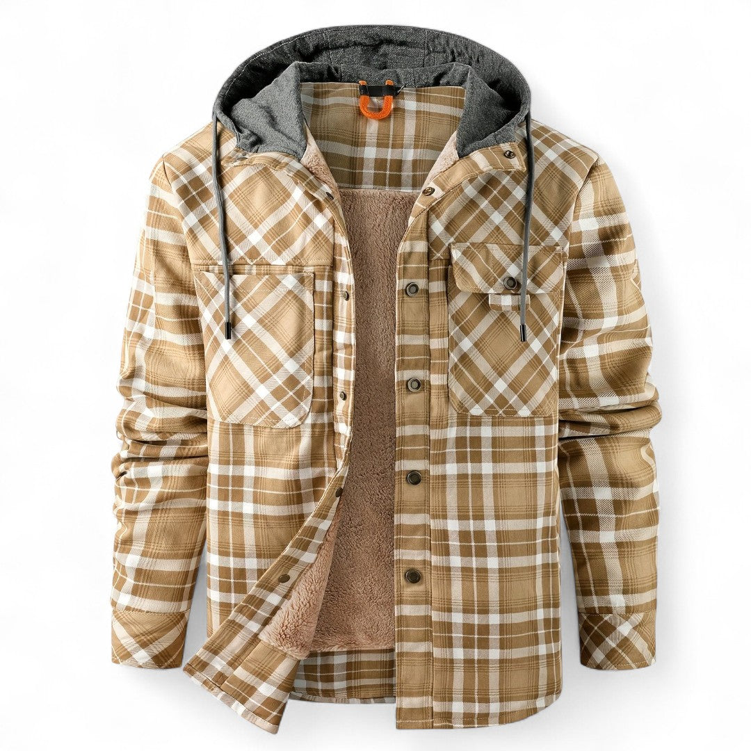 Men’s Checked Hooded Jacket – Button Front, Long Sleeves, Lining, Chest Pockets
