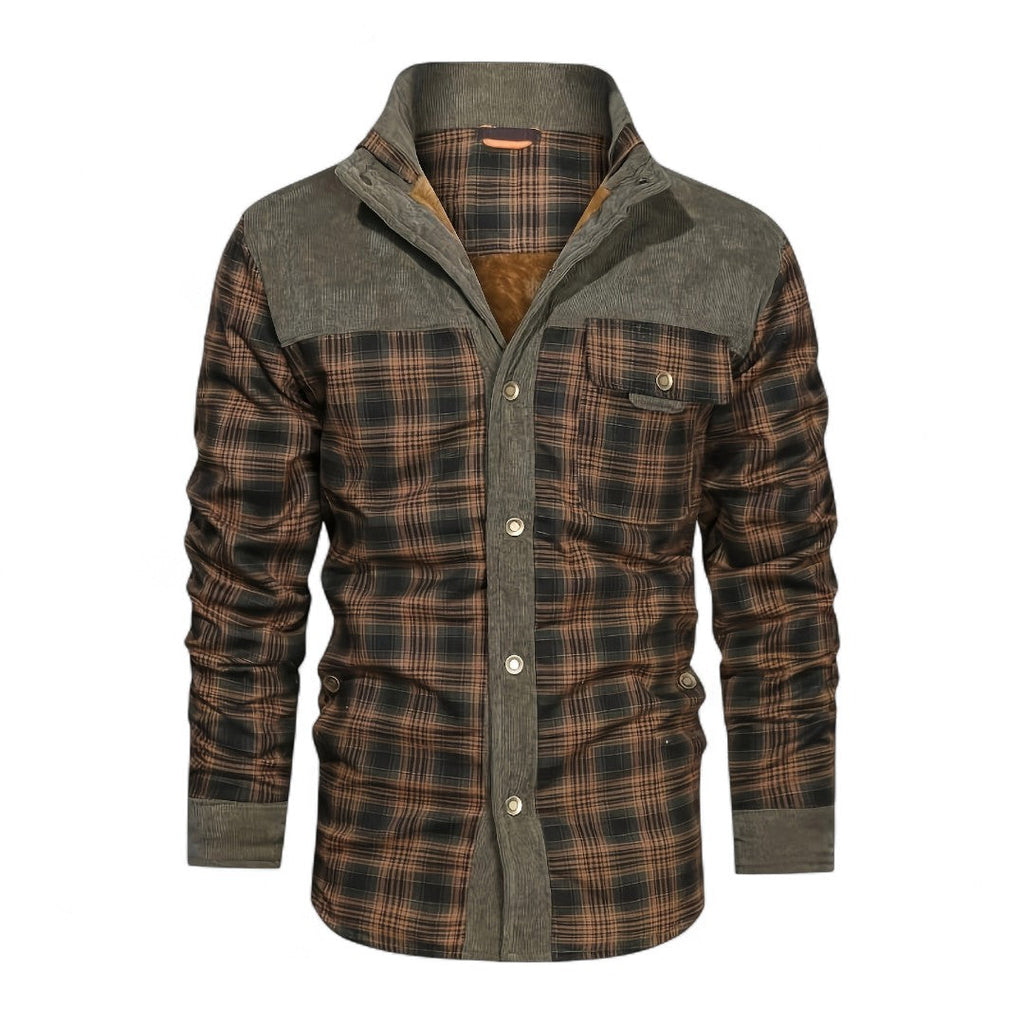 Men’s Checked Overshirt Jacket – Button Front, Corduroy Trim, Lined Interior, Chest Pocket, Regular Fit