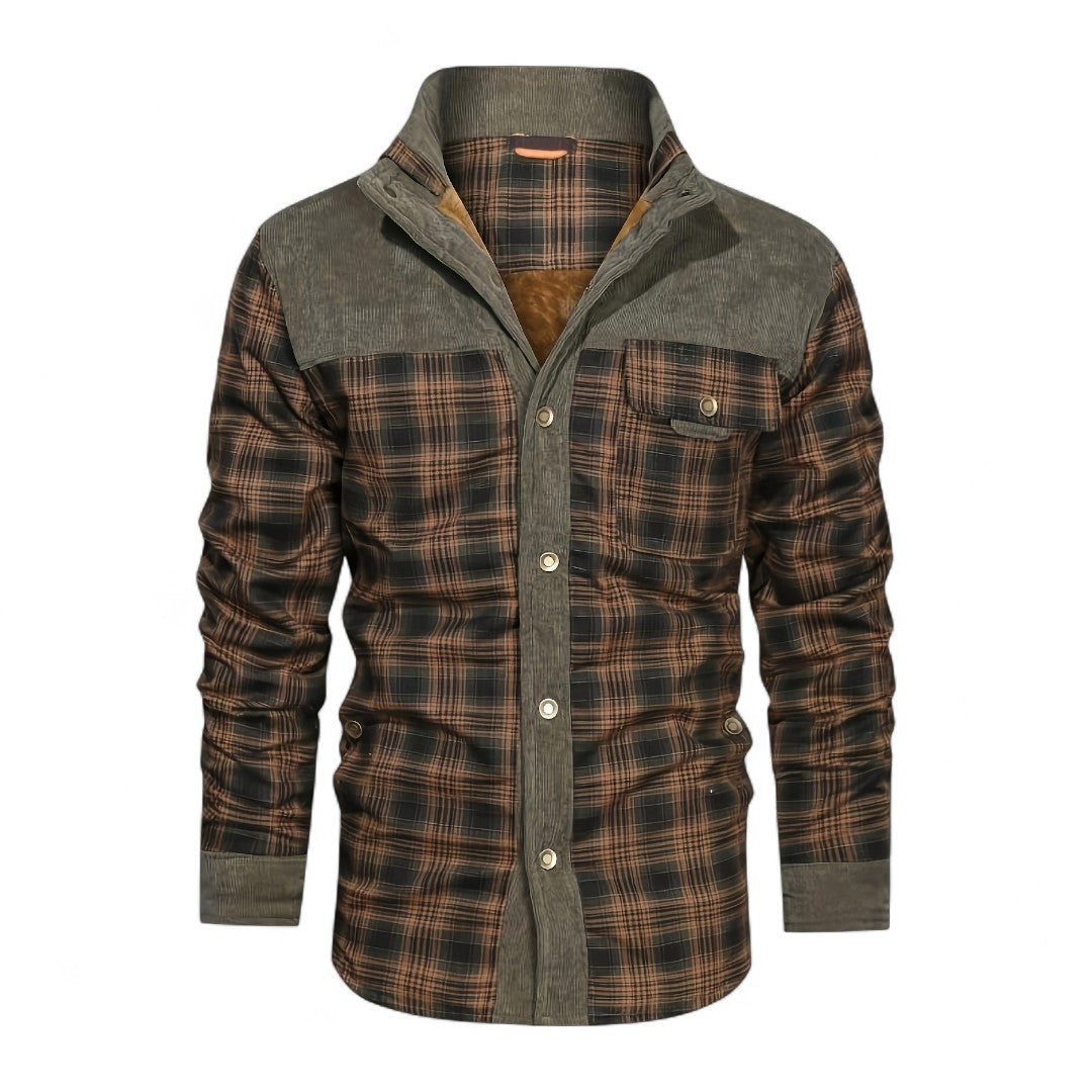 Men’s Checked Overshirt Jacket – Button Front, Corduroy Trim, Lined Interior, Chest Pocket, Regular Fit