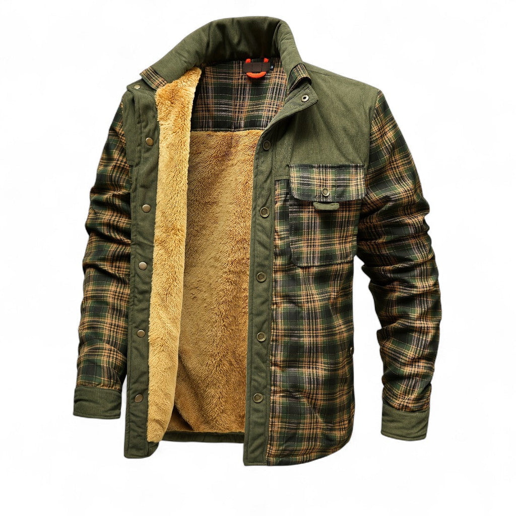 Men’s Checked Overshirt Jacket – Button Front, Corduroy Trim, Lined Interior, Chest Pocket, Regular Fit