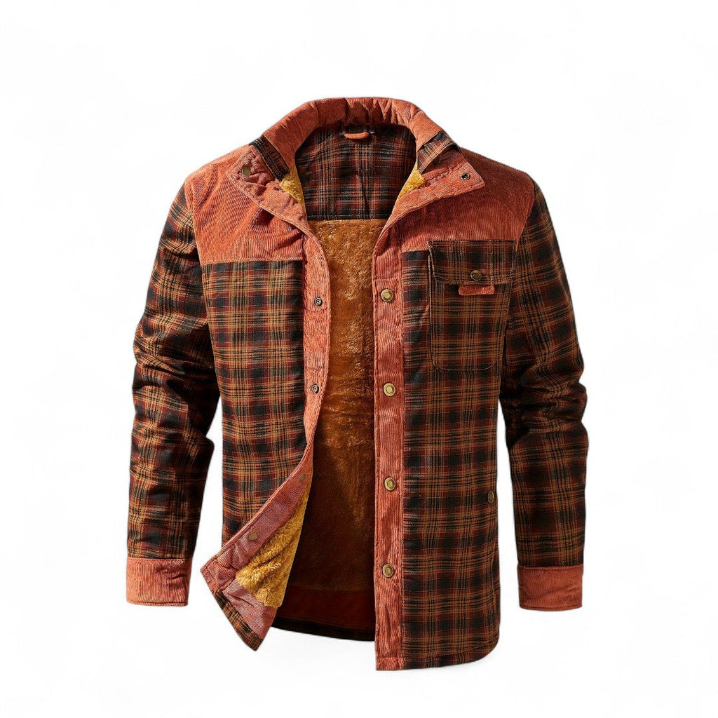 Men’s Checked Overshirt Jacket – Button Front, Corduroy Trim, Lined Interior, Regular Fit