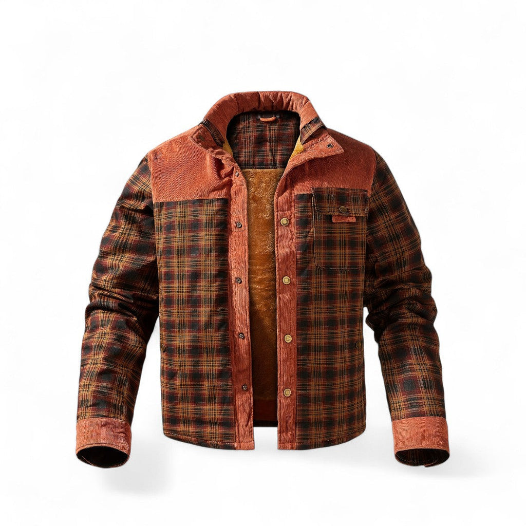 Men’s Checked Overshirt Jacket – Button Front, Corduroy Trim, Lined Interior, Regular Fit