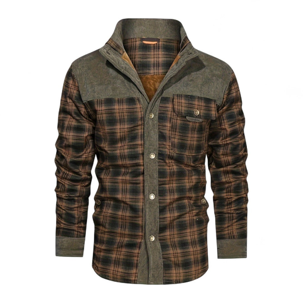 Men’s Checked Overshirt Jacket – Button Front, Corduroy Trim, Lined Interior, Regular Fit