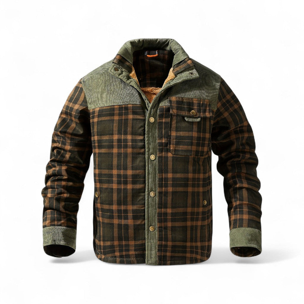 Men’s Checked Overshirt Jacket – Button Front, Corduroy Trim, Lined Interior, Regular Fit