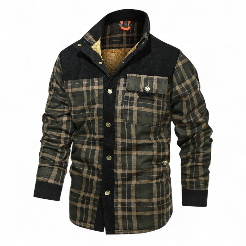 Men’s Checked Overshirt Jacket – Button Front, Corduroy Trim, Lined Interior, Regular Fit