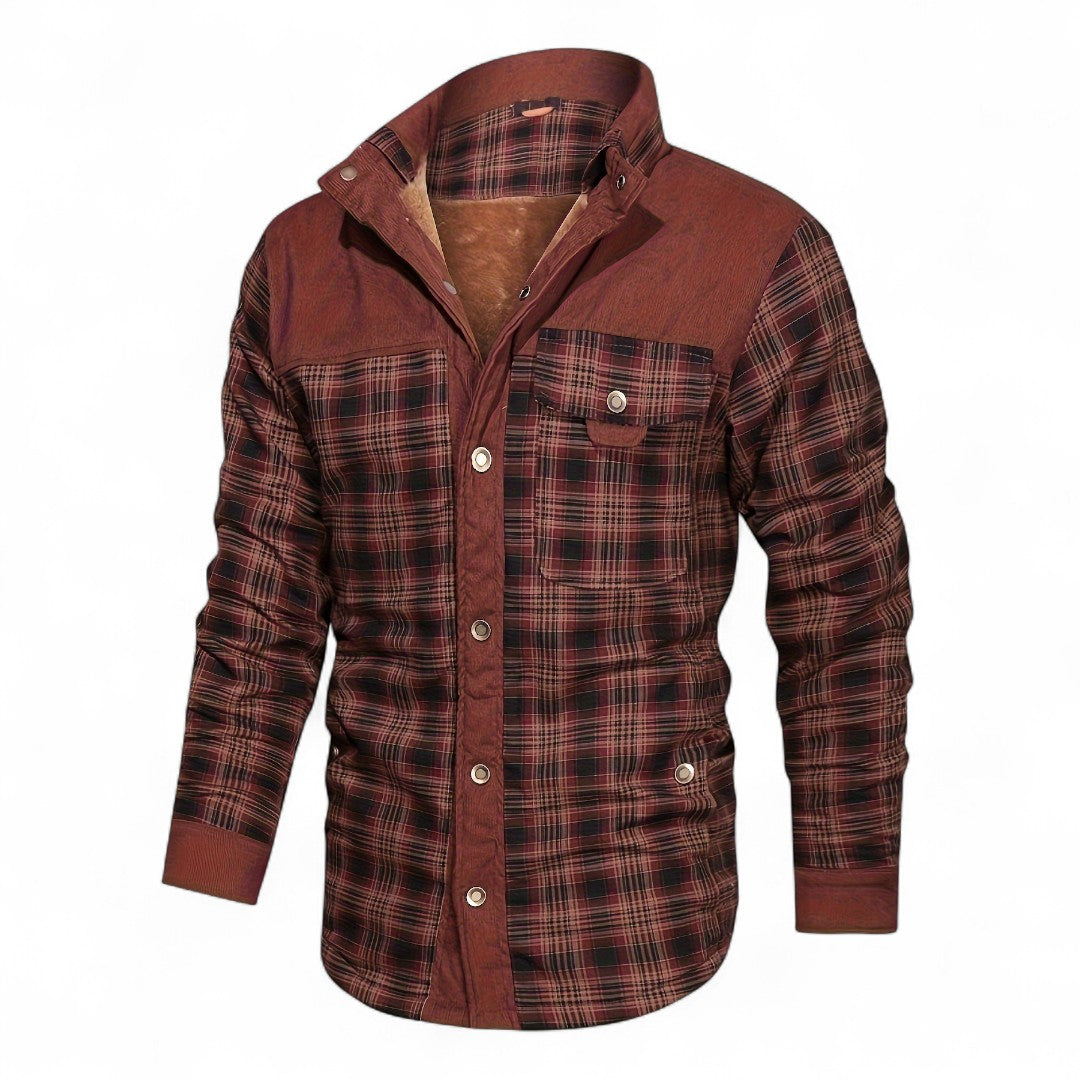 Men’s Checked Overshirt Jacket – Button Front, Corduroy Trim, Lined Interior, Regular Fit