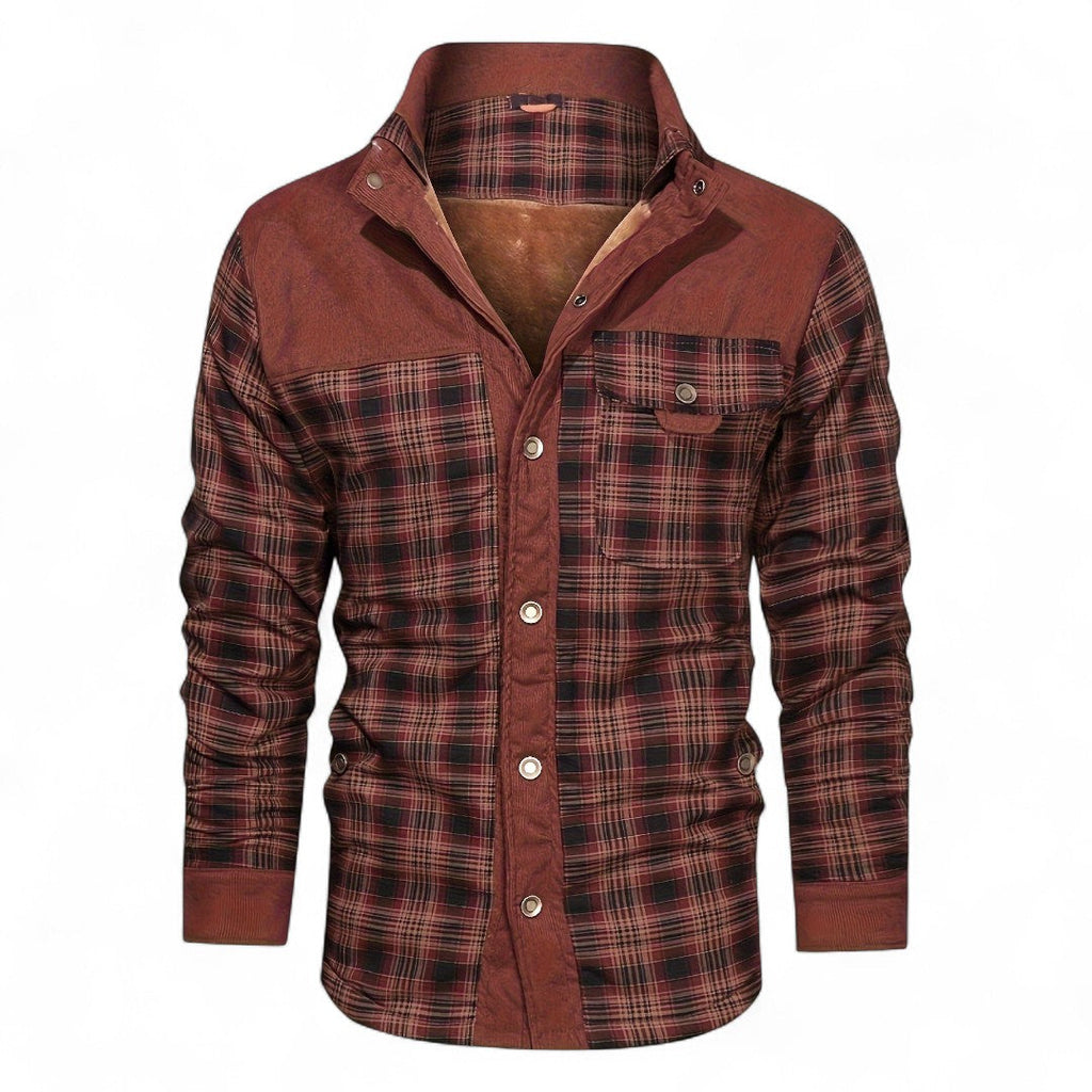 Men’s Checked Overshirt Jacket – Button Front, Corduroy Trim, Lined Interior, Regular Fit