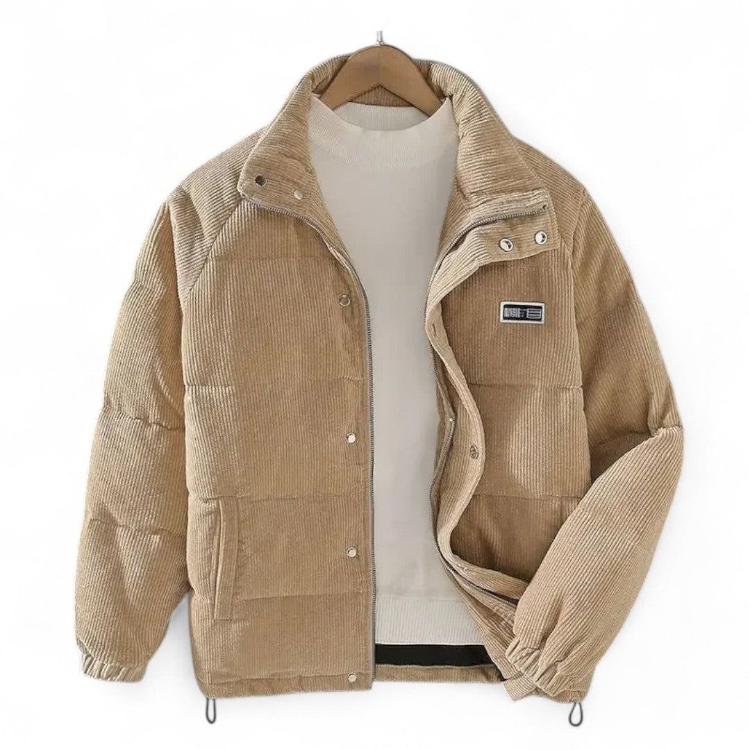 Men’s Corduroy Padded Jacket – Zip Front, High Neck, Long Sleeves