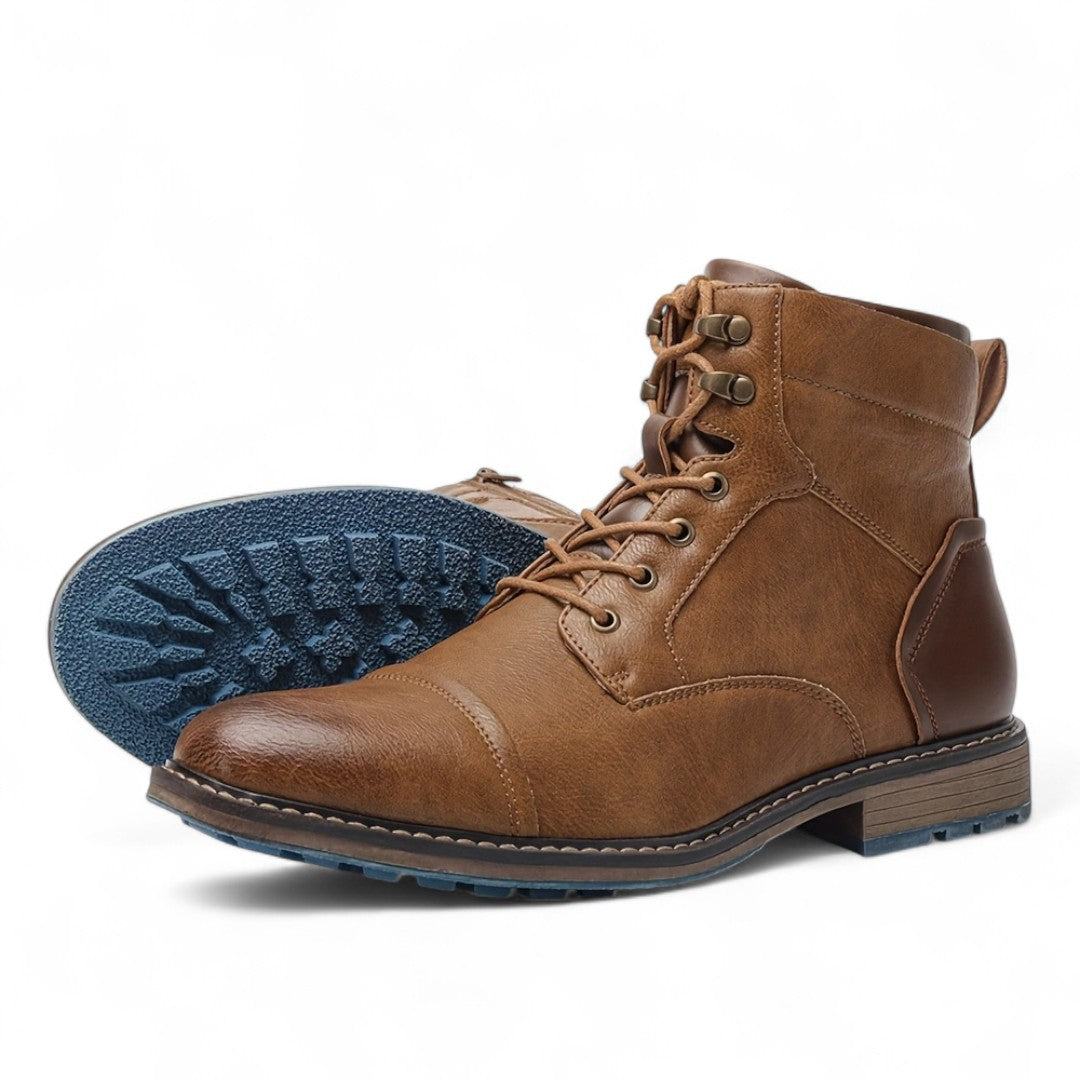 Men’s Lace-Up Ankle Boots – Two-Tone Design, Side Zip, Textured Sole