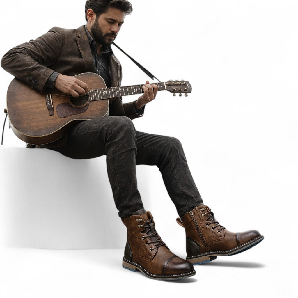 Men’s Lace-Up Ankle Boots – Two-Tone Design, Side Zip, Textured Sole