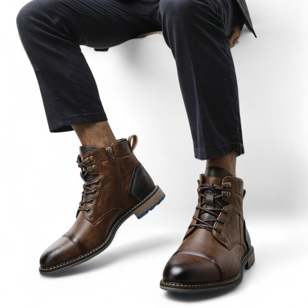 Men’s Lace-Up Ankle Boots – Two-Tone Design, Side Zip, Textured Sole