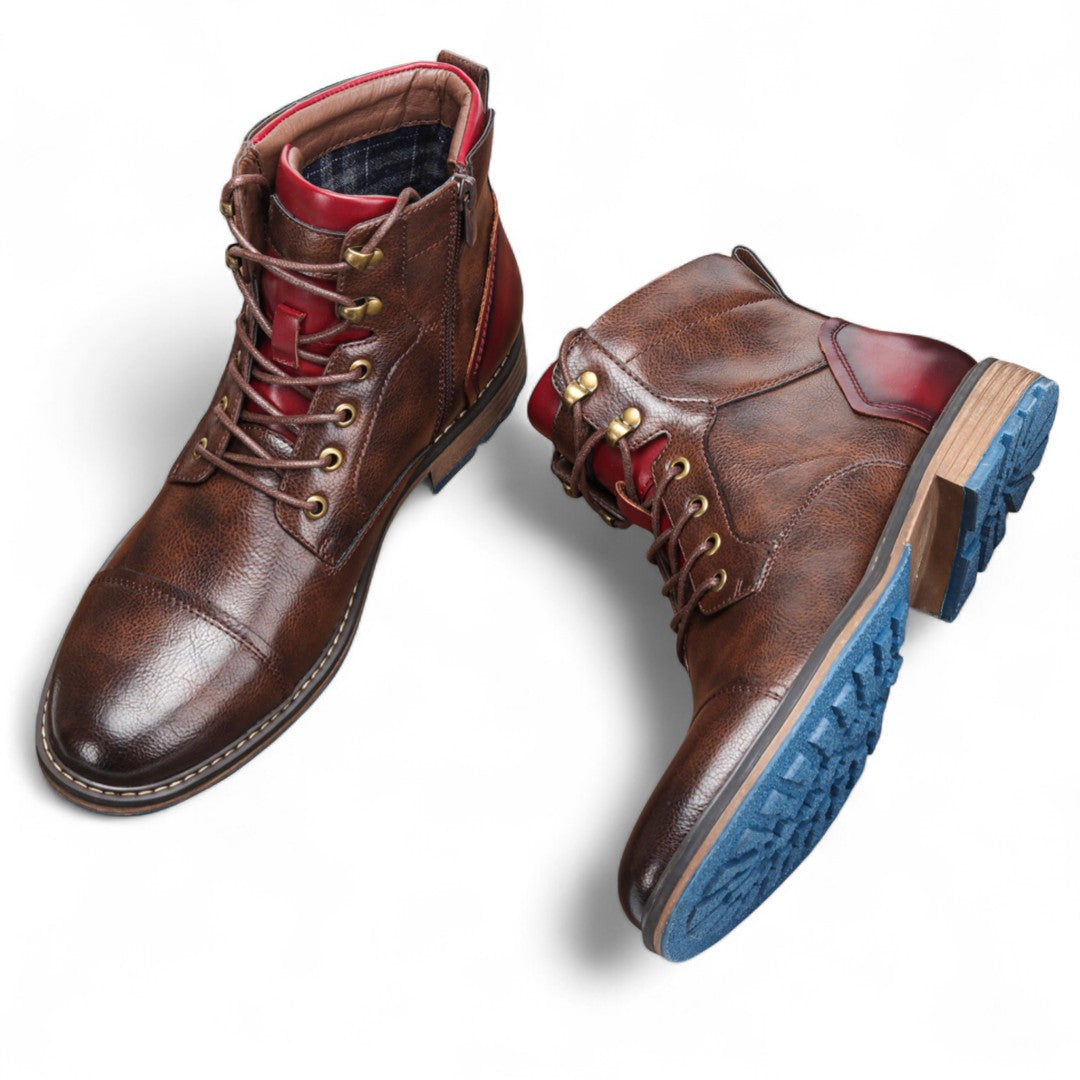 Men’s Lace-Up Ankle Boots – Two-Tone Design, Side Zip, Textured Sole