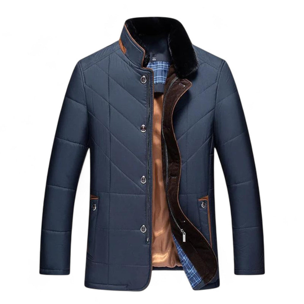 Men’s Quilted Jacket – Stand Collar, Button Front, Contrast Trim Detail