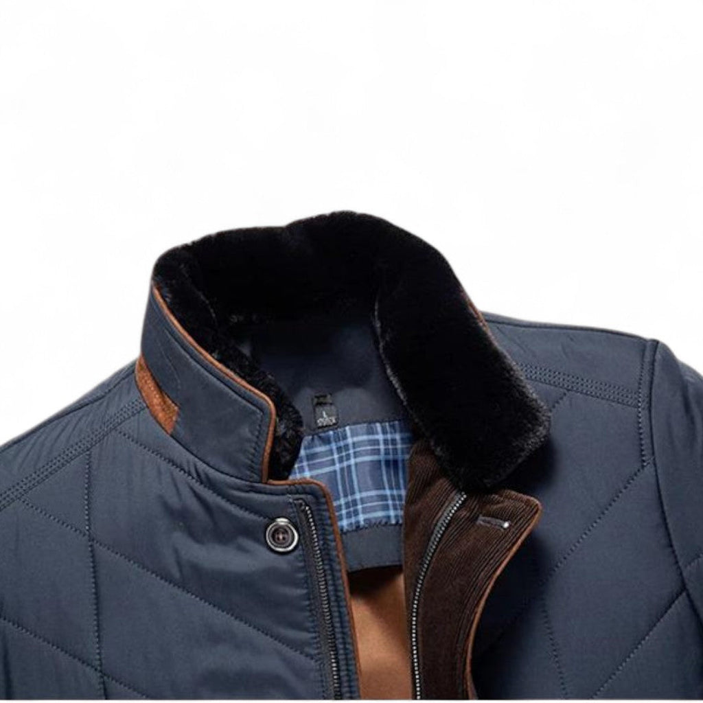Men’s Quilted Jacket – Stand Collar, Button Front, Contrast Trim Detail