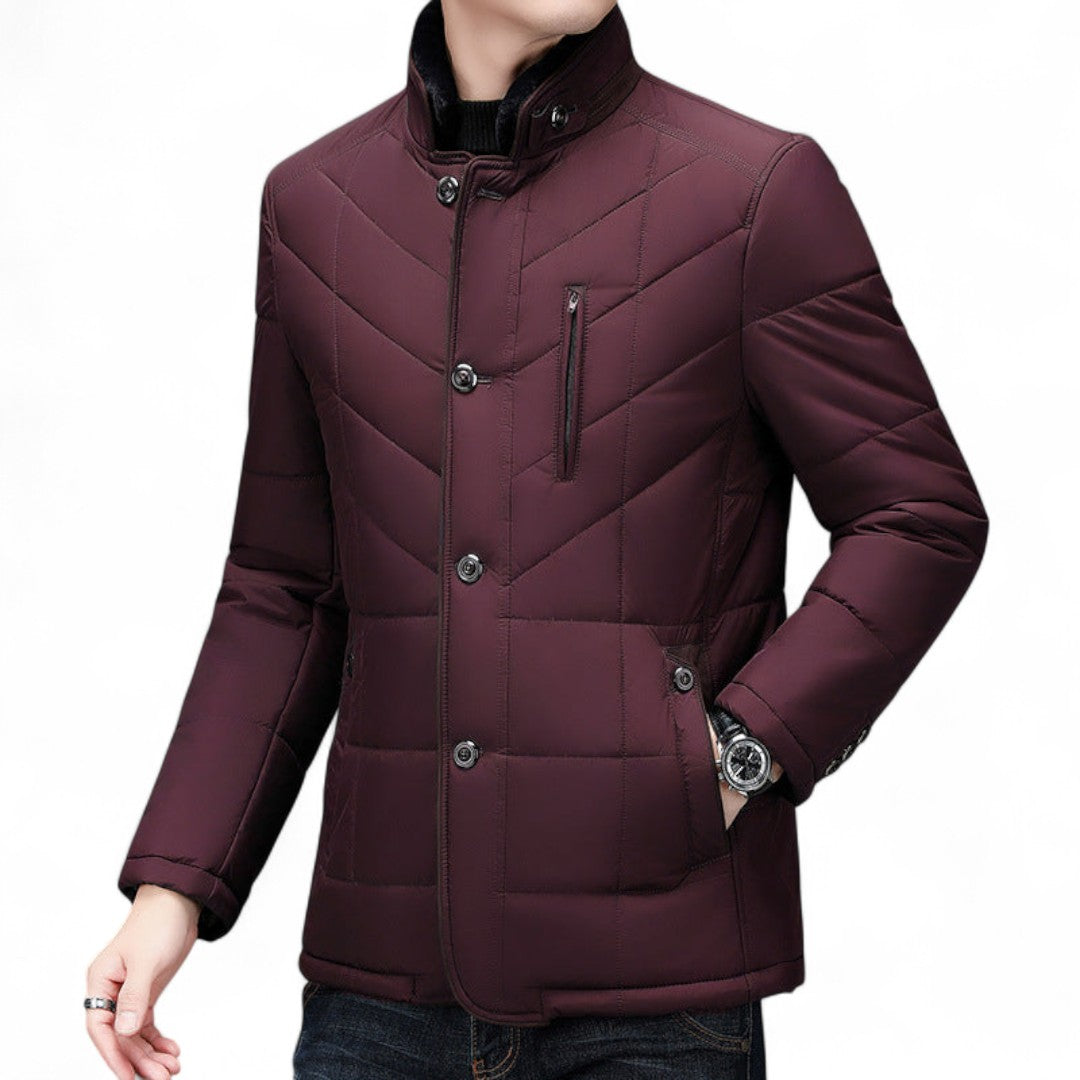 Men’s Quilted Jacket – Stand Collar, Button Front, Contrast Trim Detail