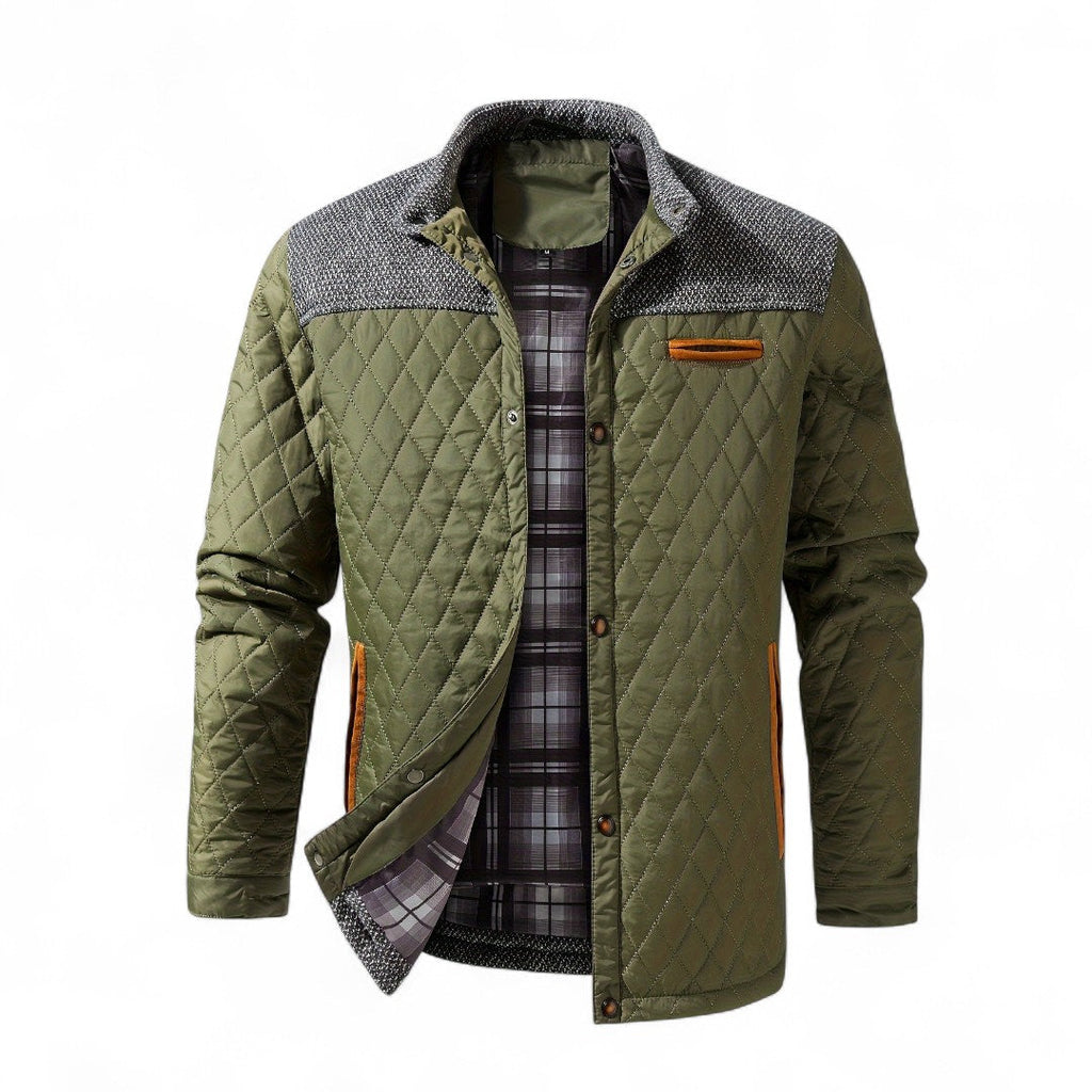 Men’s Quilted Jacket – Stand Collar, Long Sleeves, Button Front, Contrast Shoulder Detail