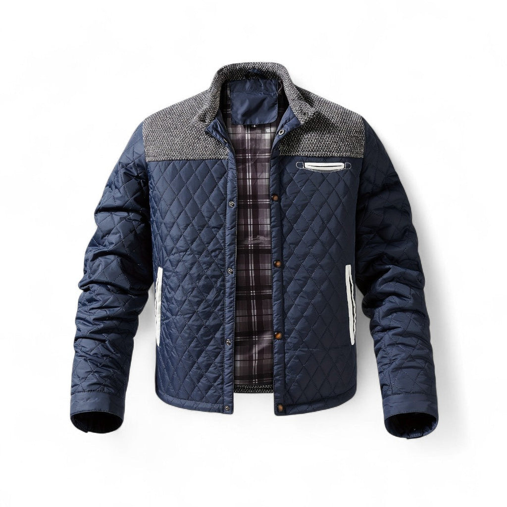 Men’s Quilted Jacket – Stand Collar, Long Sleeves, Button Front, Contrast Shoulder Detail