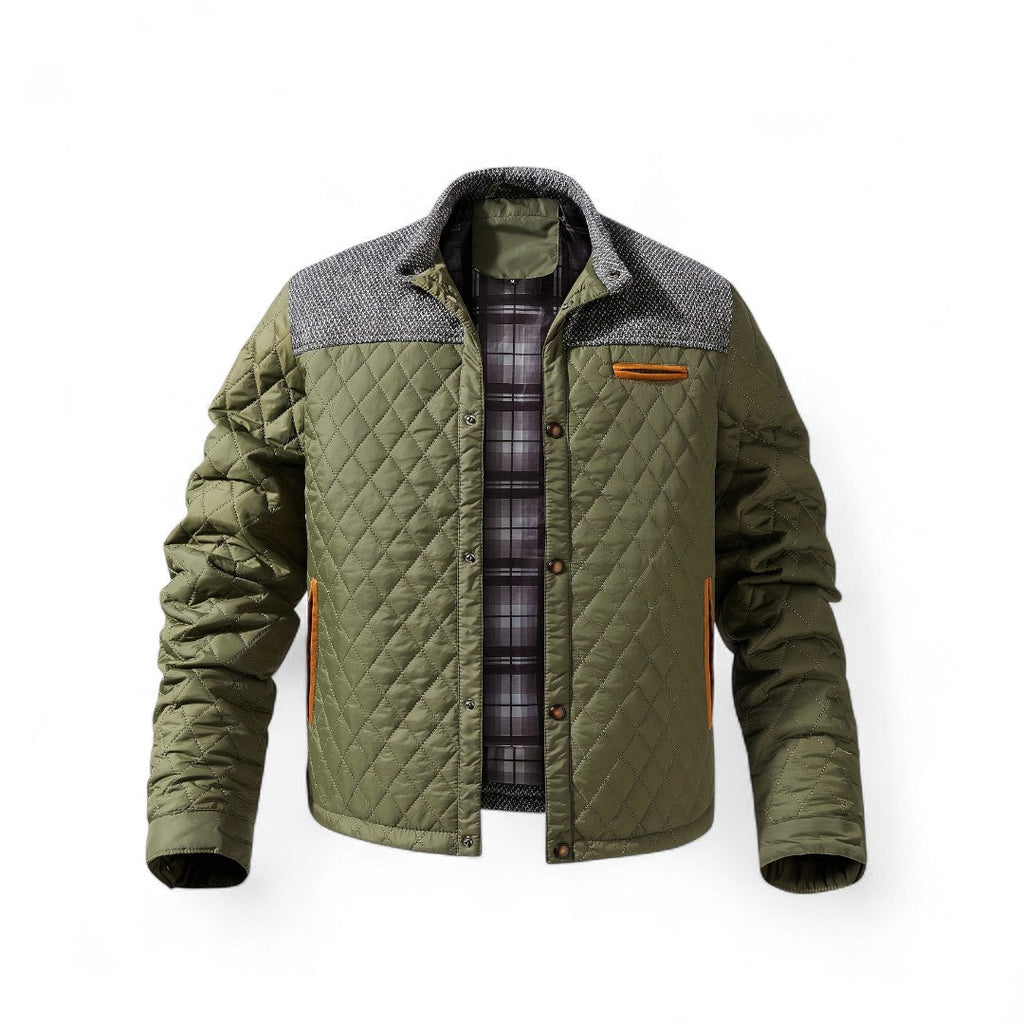 Men’s Quilted Jacket – Stand Collar, Long Sleeves, Button Front, Contrast Shoulder Detail