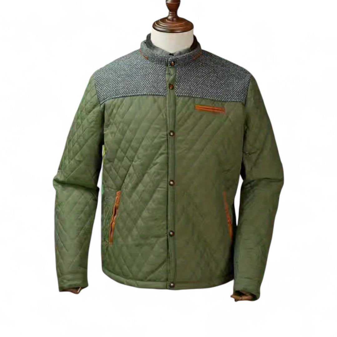 Men’s Quilted Jacket – Stand Collar, Long Sleeves, Button Front, Contrast Shoulder Detail