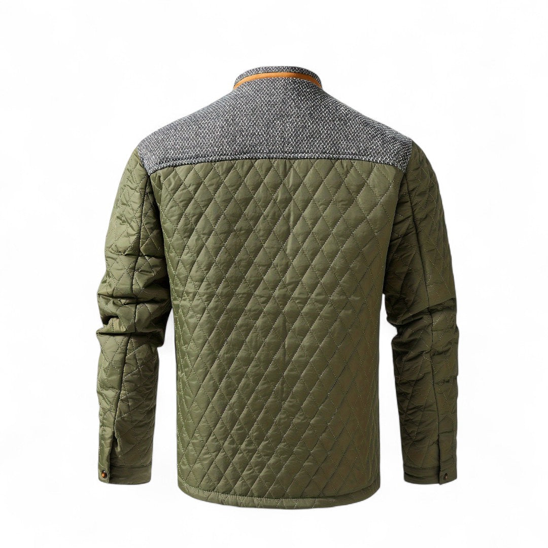 Men’s Quilted Jacket – Stand Collar, Long Sleeves, Button Front, Contrast Shoulder Detail
