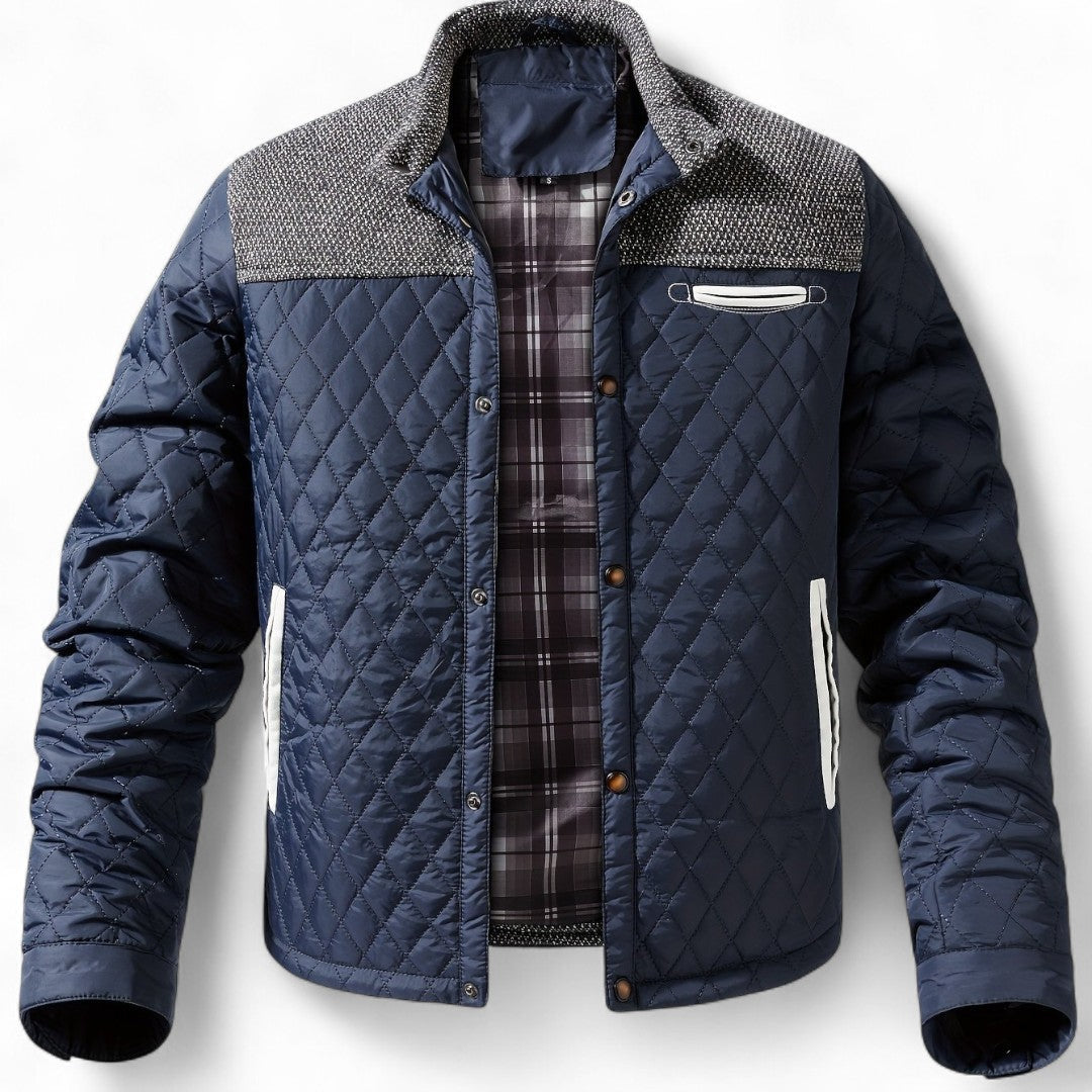 Men’s Quilted Jacket – Stand Collar, Long Sleeves, Button Front, Contrast Shoulder Detail