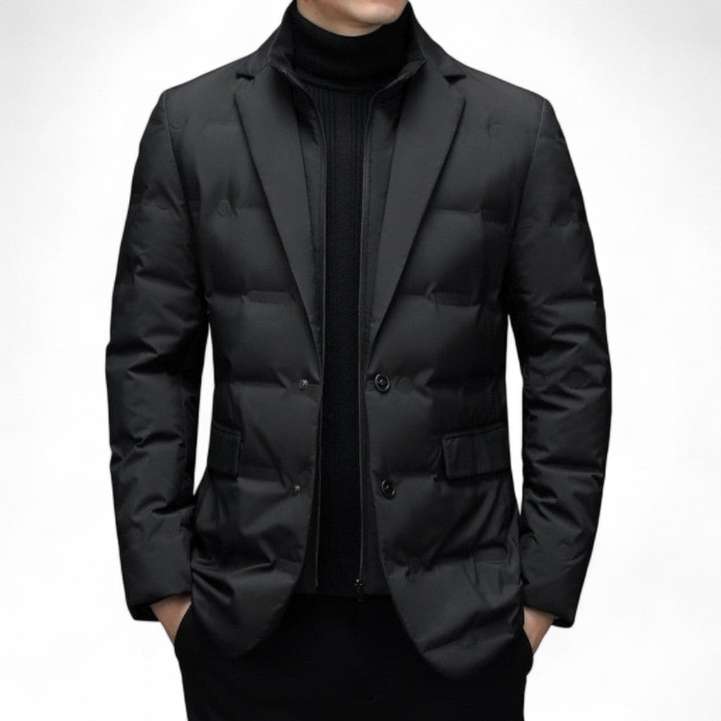 Men’s Quilted Puffer Blazer – Button Front, Long Sleeves, Notch Collar