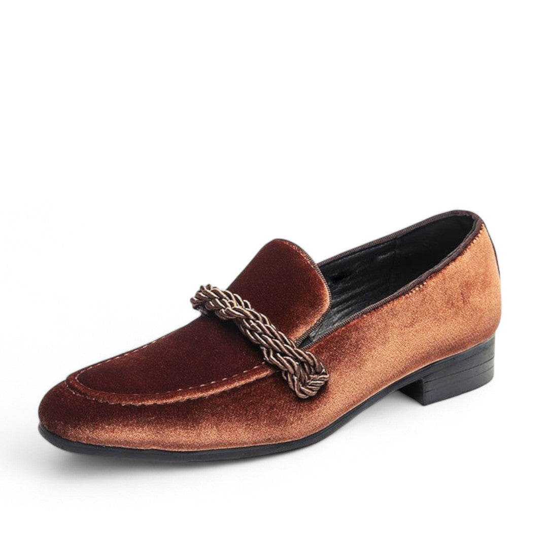 Men’s Slip-On Loafers – Round Toe, Rope Detail, Brown Finish