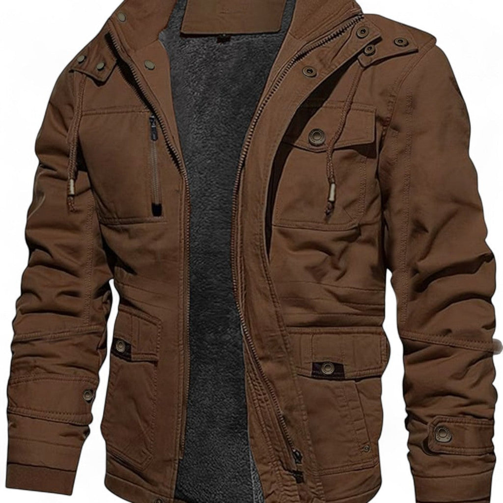 Men’s Zip Front Jacket – Stand Collar, Detachable Hood, Multi Pocket Design, Regular Fit