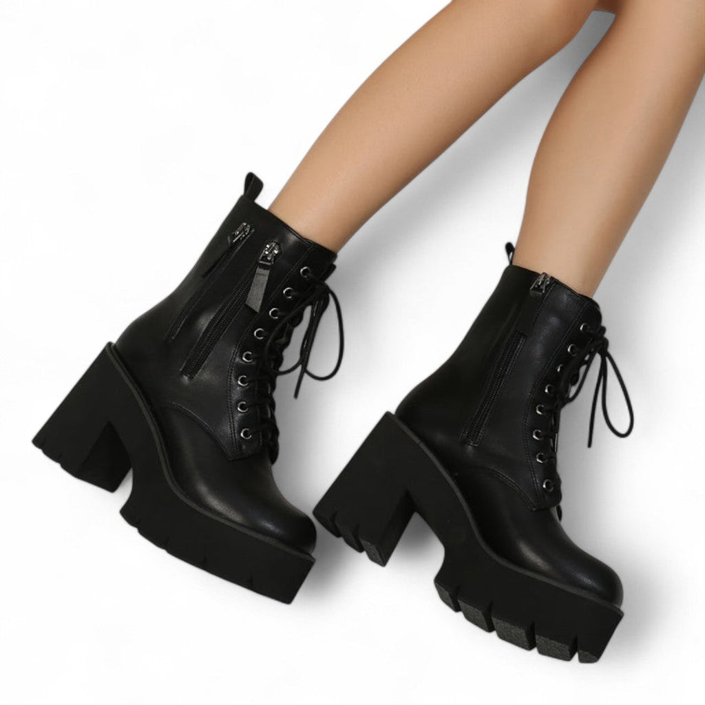 Women’s Ankle Boots – Round Toe Design with Chunky Heel, Lace Up Front and Side Zip Closure