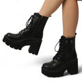 Women’s Ankle Boots – Round Toe Design with Chunky Heel, Lace Up Front and Side Zip Closure