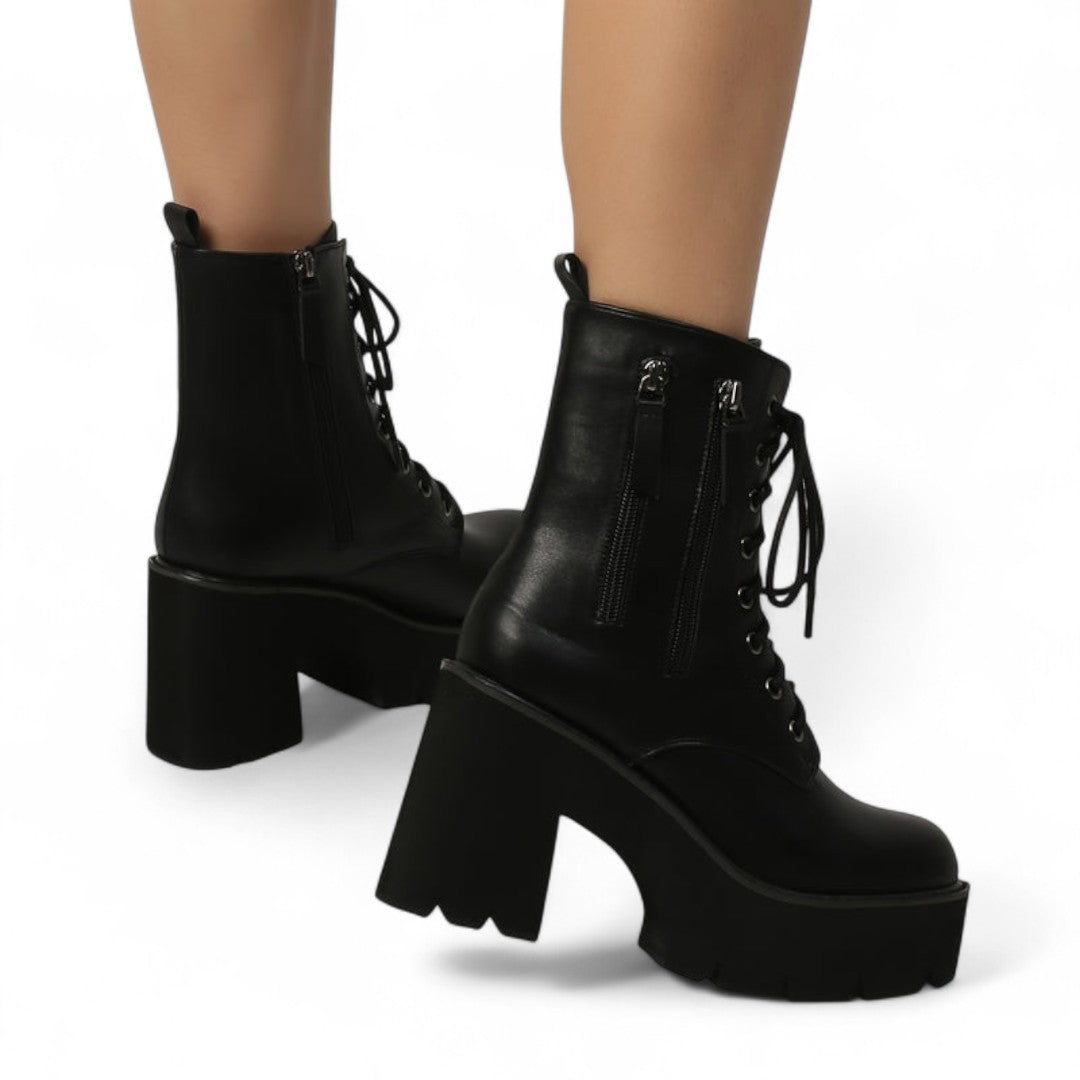Women’s Ankle Boots – Round Toe Design with Chunky Heel, Lace Up Front and Side Zip Closure