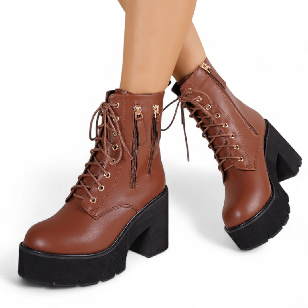 Women’s Ankle Boots – Round Toe Design with Chunky Heel, Lace Up Front and Side Zip Closure