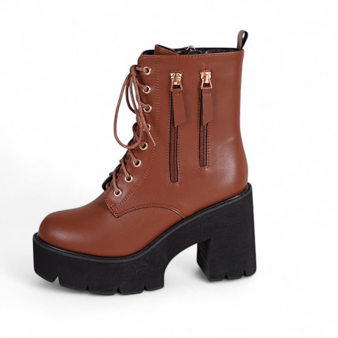Women’s Ankle Boots – Round Toe Design with Chunky Heel, Lace Up Front and Side Zip Closure